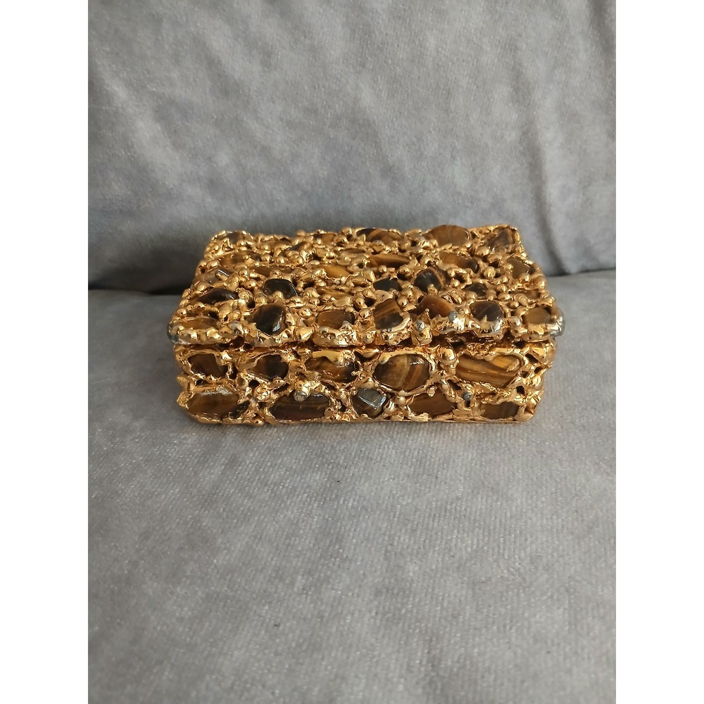 Vintage Brutalist Gold Tone Tiger's Eye Trinket Box Textured Metal Jewelry Case